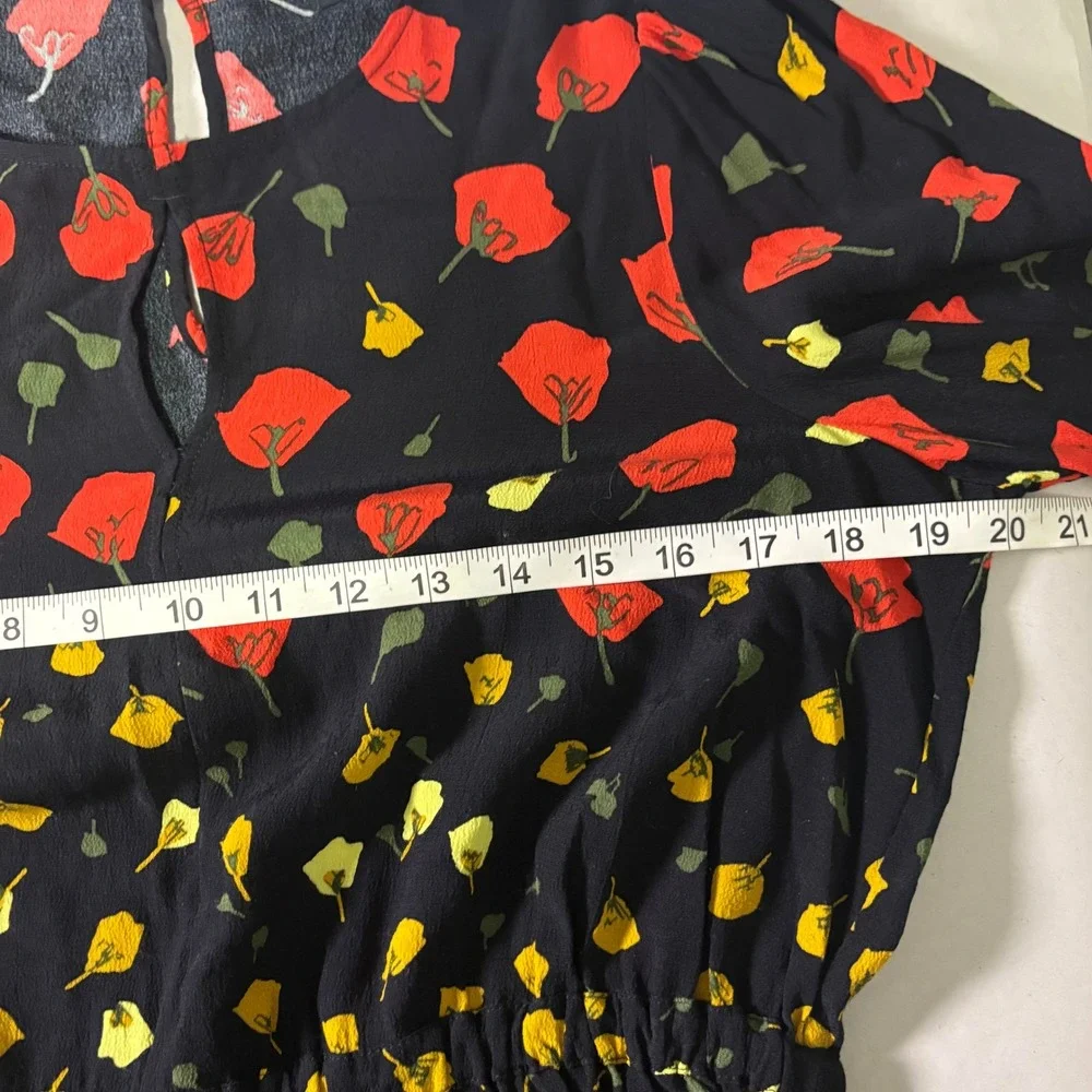 Banana Republic Floral Poppy Blouse Black L/S Cinched Waist S Fall Peplum Office